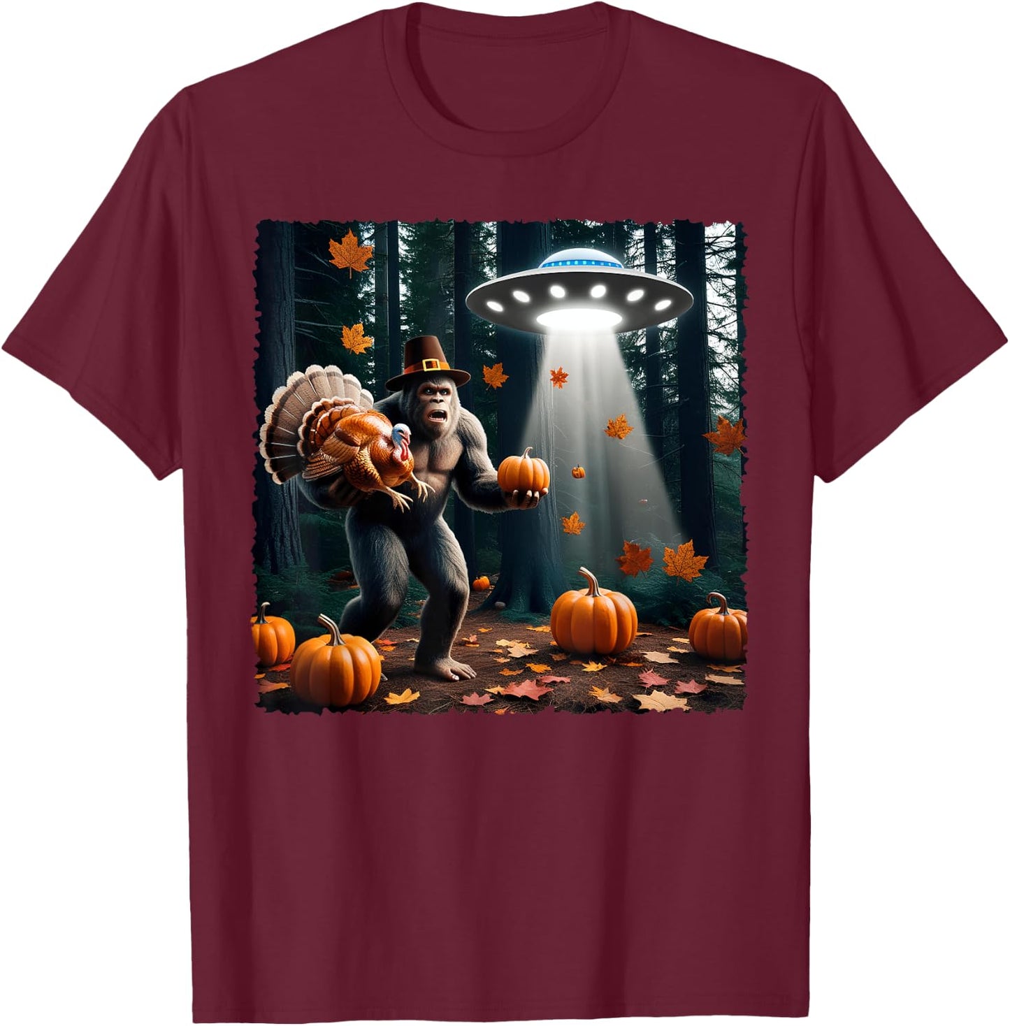Bigfoot Sasquatch Turkey UFOs Funny Thanksgiving Day Pumpkin T-Shirt - T-Shirt | Maroon