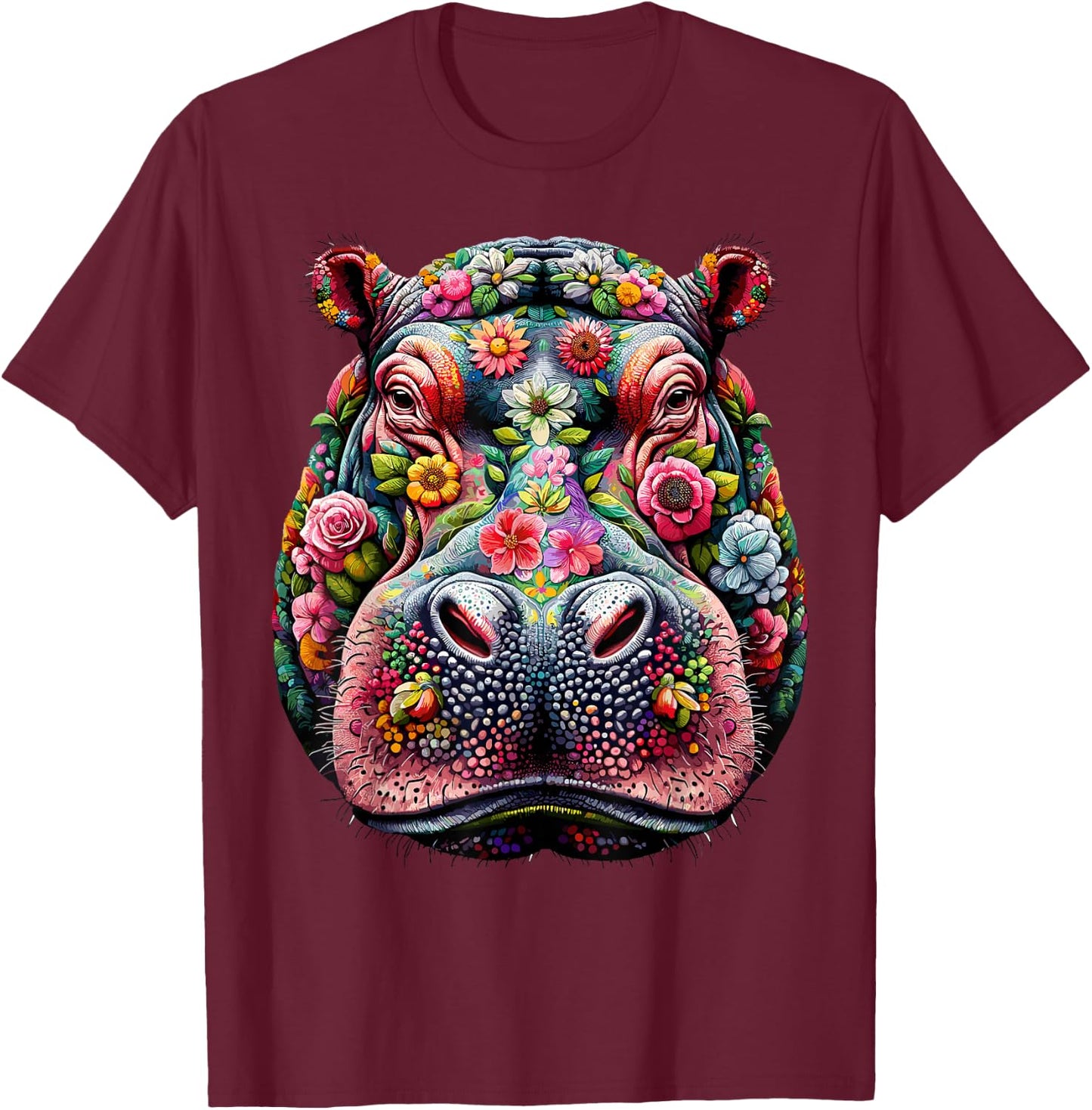 Floral Aesthetic Hippopotamus Lover Shirt Hippo T-Shirt - T-Shirt | Maroon