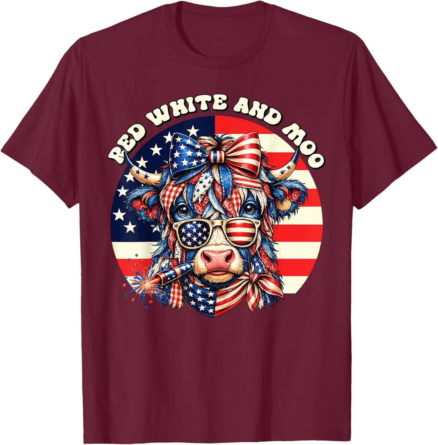 Patriotic Cow USA Flag 4th of July Red and White and Moo T-Shirt - T-Shirt | Maroon