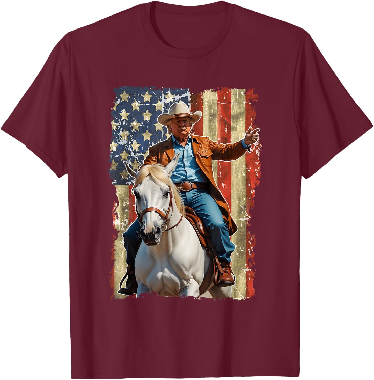 Trump Riding Horse American Flag Cowboy T-Shirt - T-Shirt | Maroon