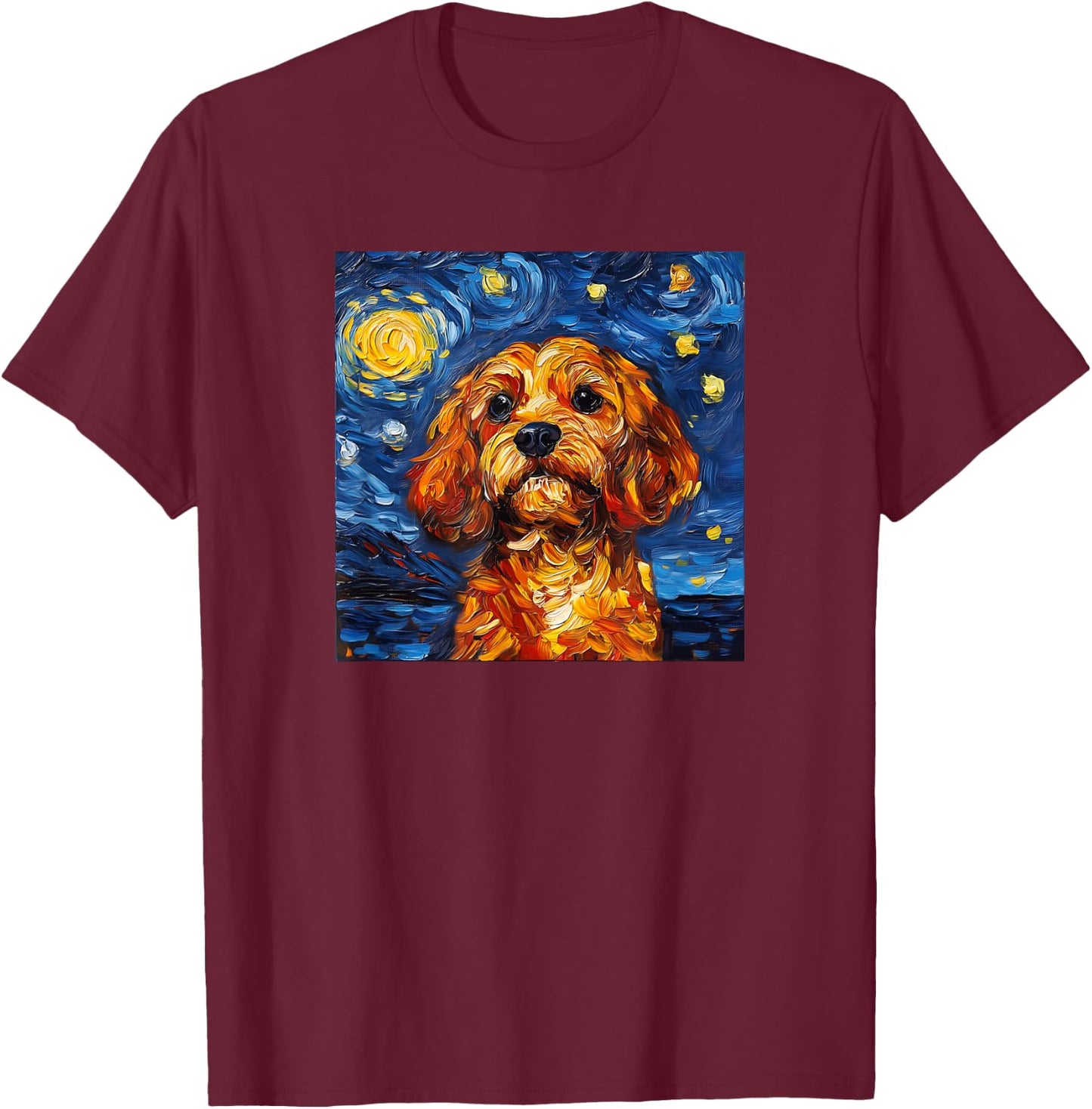 Cute Cavapoo Starry Night Dog Art T-Shirt - T-Shirt | Maroon