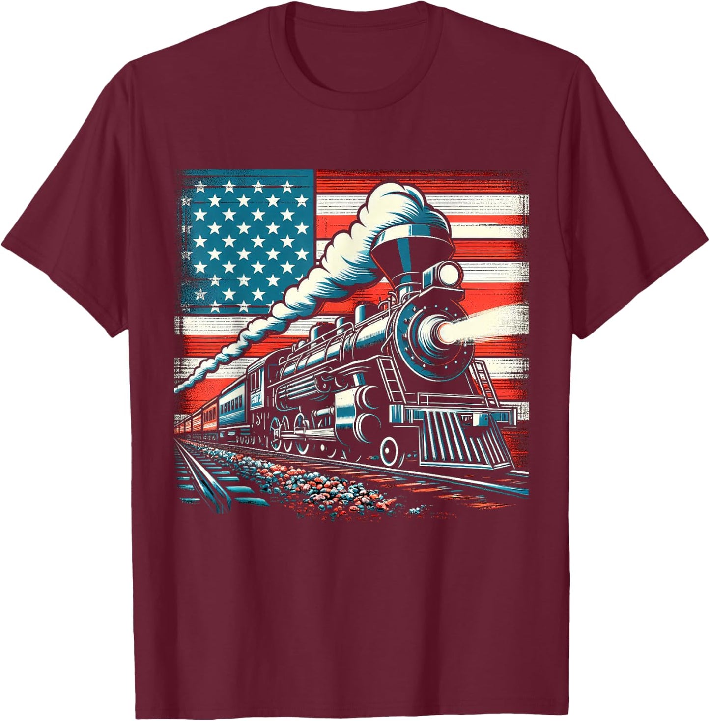 Train With The American Flag 4th of July Women Kids Men T-Shirt - T-Shirt | Maroon
