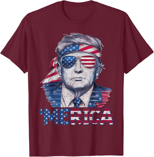 Happy 4th Of July Donald Trump 'Merica USA Flag Sunglass T-Shirt - T-Shirt | Maroon