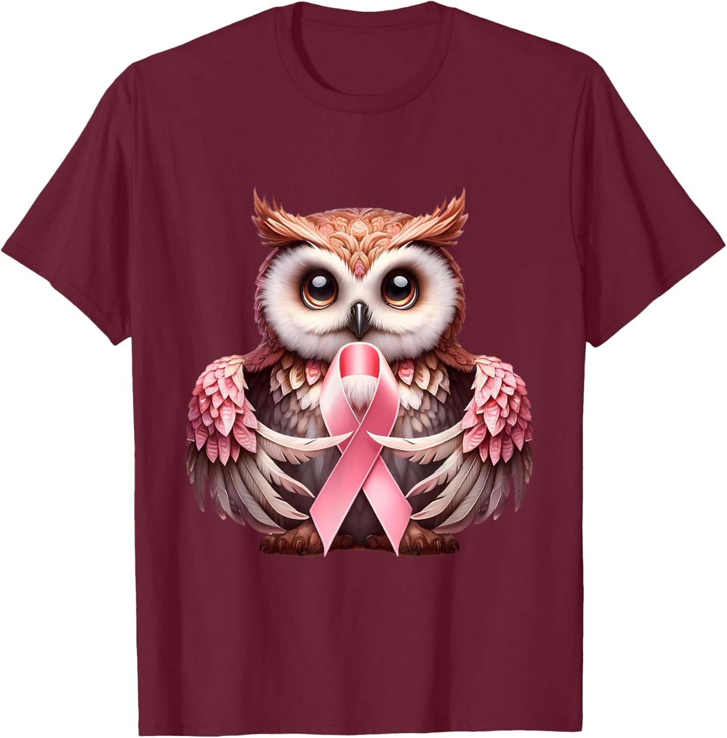 Breast Cancer Awareness Cute Owl Pink Ribbon Bird T-Shirt - T-Shirt | Maroon