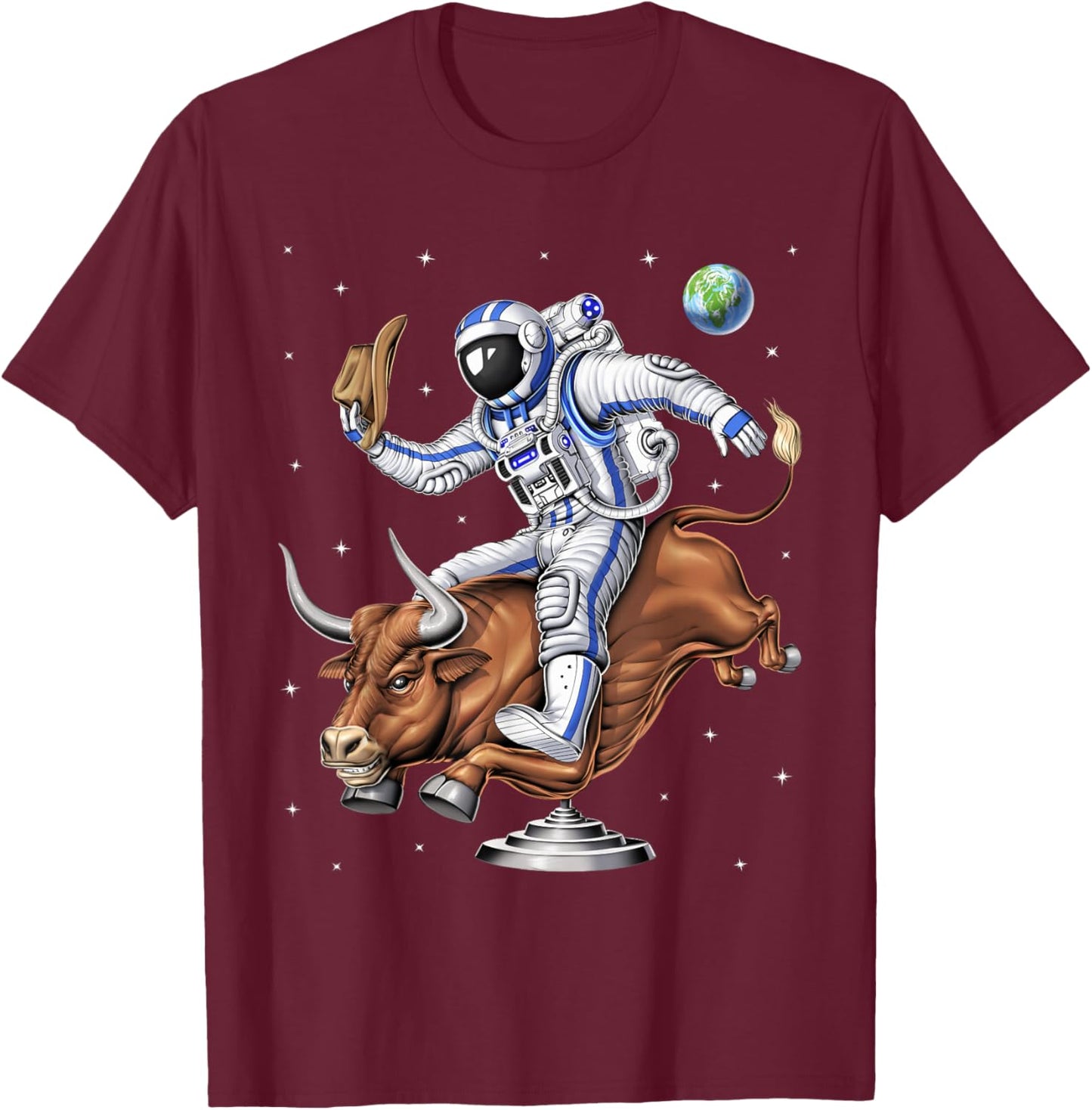 Space Astronaut Cowboy Riding Rodeo Bull Western Country T-Shirt - T-Shirt | Maroon