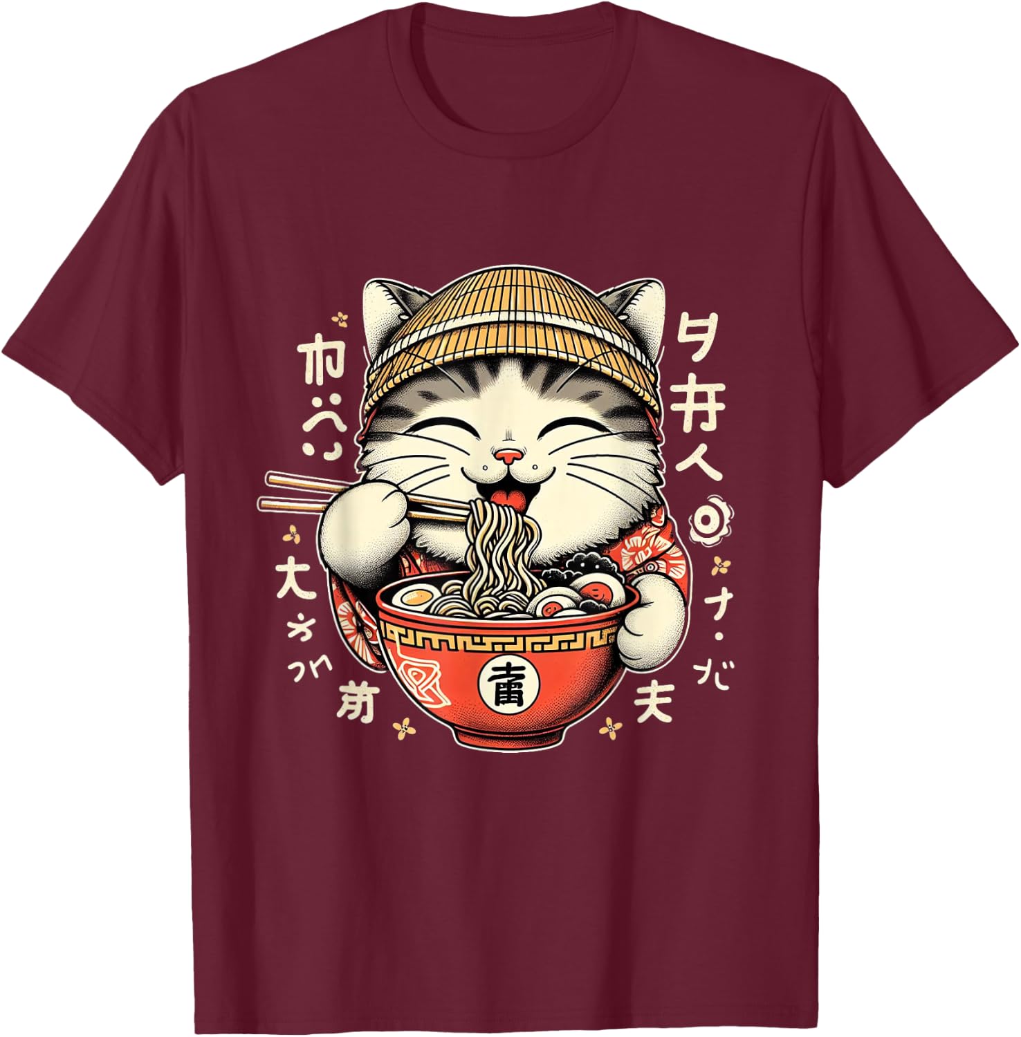 Kawaii Artwork Co by MNI Ramen Cat Kawaii Neko Japanese Noodles Aesthetic Anime Otaku Lover -Adults Black Small T-Shirt - T-Shirt | Maroon