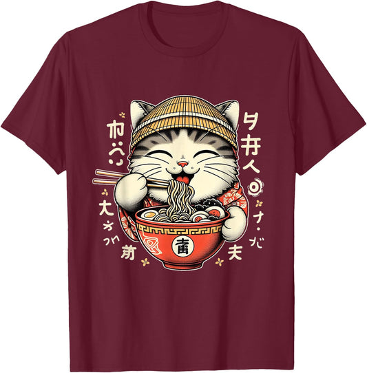 Kawaii Artwork Co by MNI Ramen Cat Kawaii Neko Japanese Noodles Aesthetic Anime Otaku Lover -Adults Black Small T-Shirt - T-Shirt | Maroon