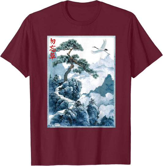 Japanese Woodblock Art: Crane and Pine Japanese kanji T-Shirt - T-Shirt | Maroon