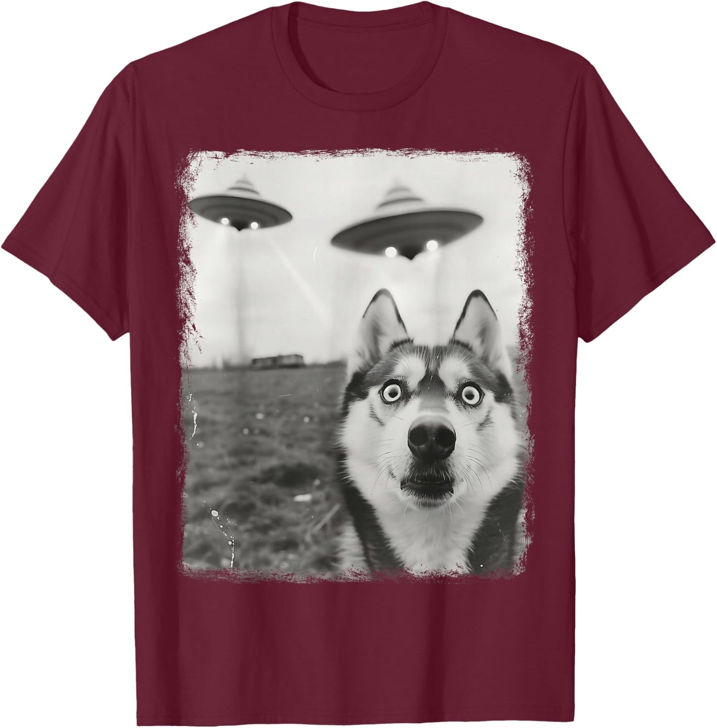 Siberian Husky Dog UFO Alien Extraterrestrial Selfie T-Shirt - T-Shirt | Maroon