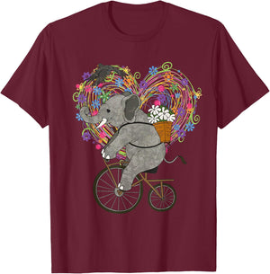 Cute Elephant Loves Cycling On Vintage Bike - Floral Heart T-Shirt - T-Shirt | Maroon