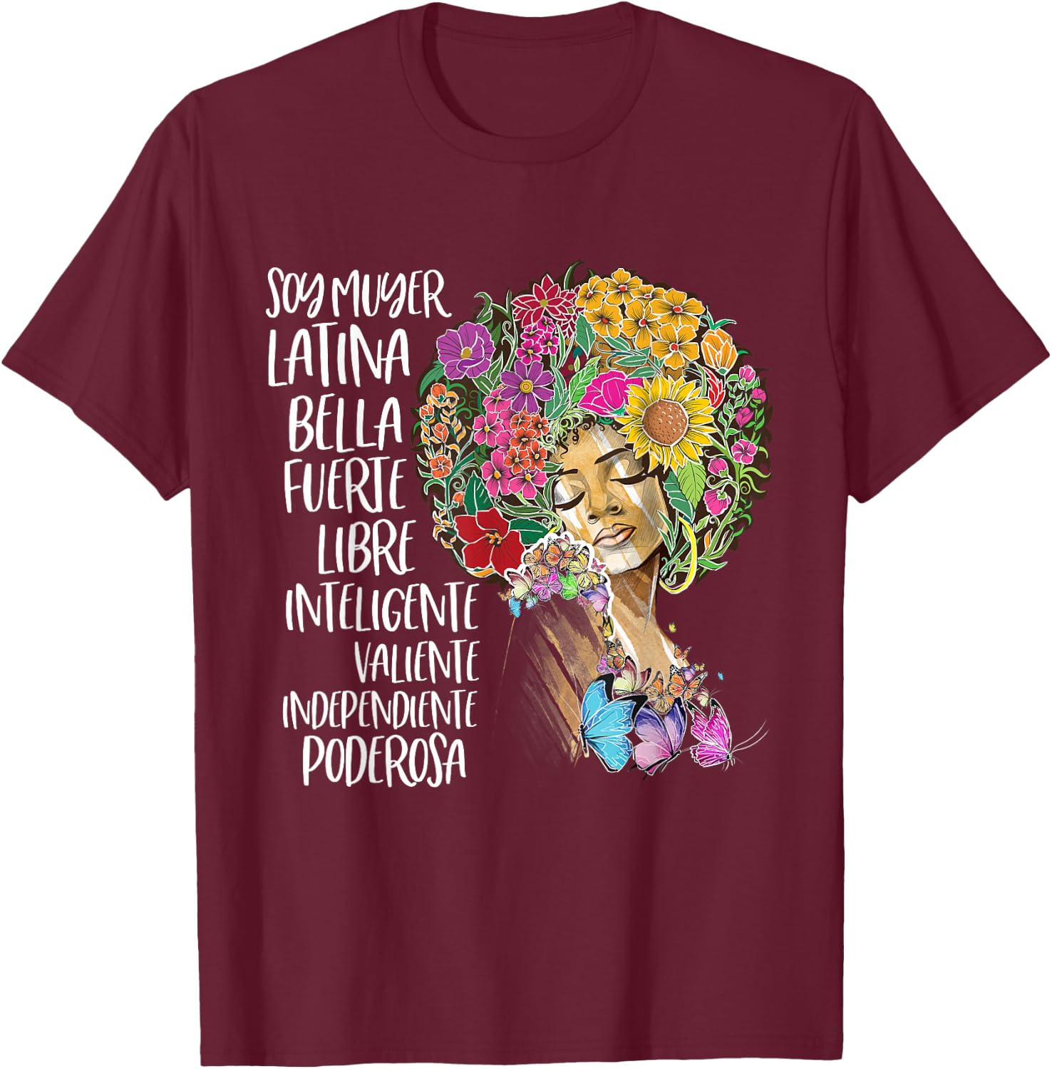 Soy Muyer Latina Afro American Flower Afro Spanish T-Shirt - T-Shirt | Maroon