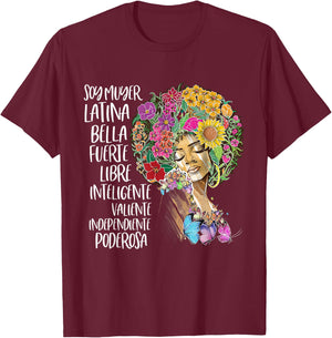 Soy Muyer Latina Afro American Flower Afro Spanish T-Shirt - T-Shirt | Maroon