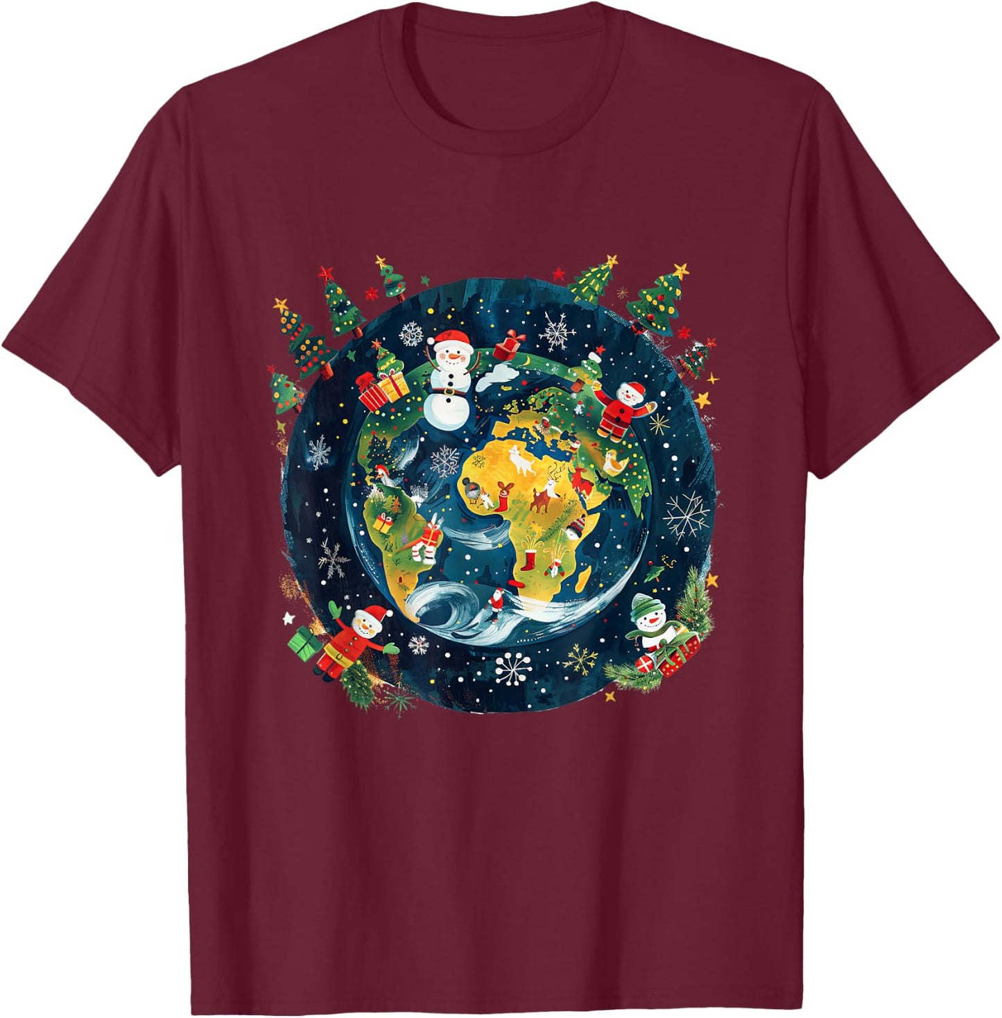 Christmas Around the World Festive Globe Design T-Shirt - T-Shirt | Maroon