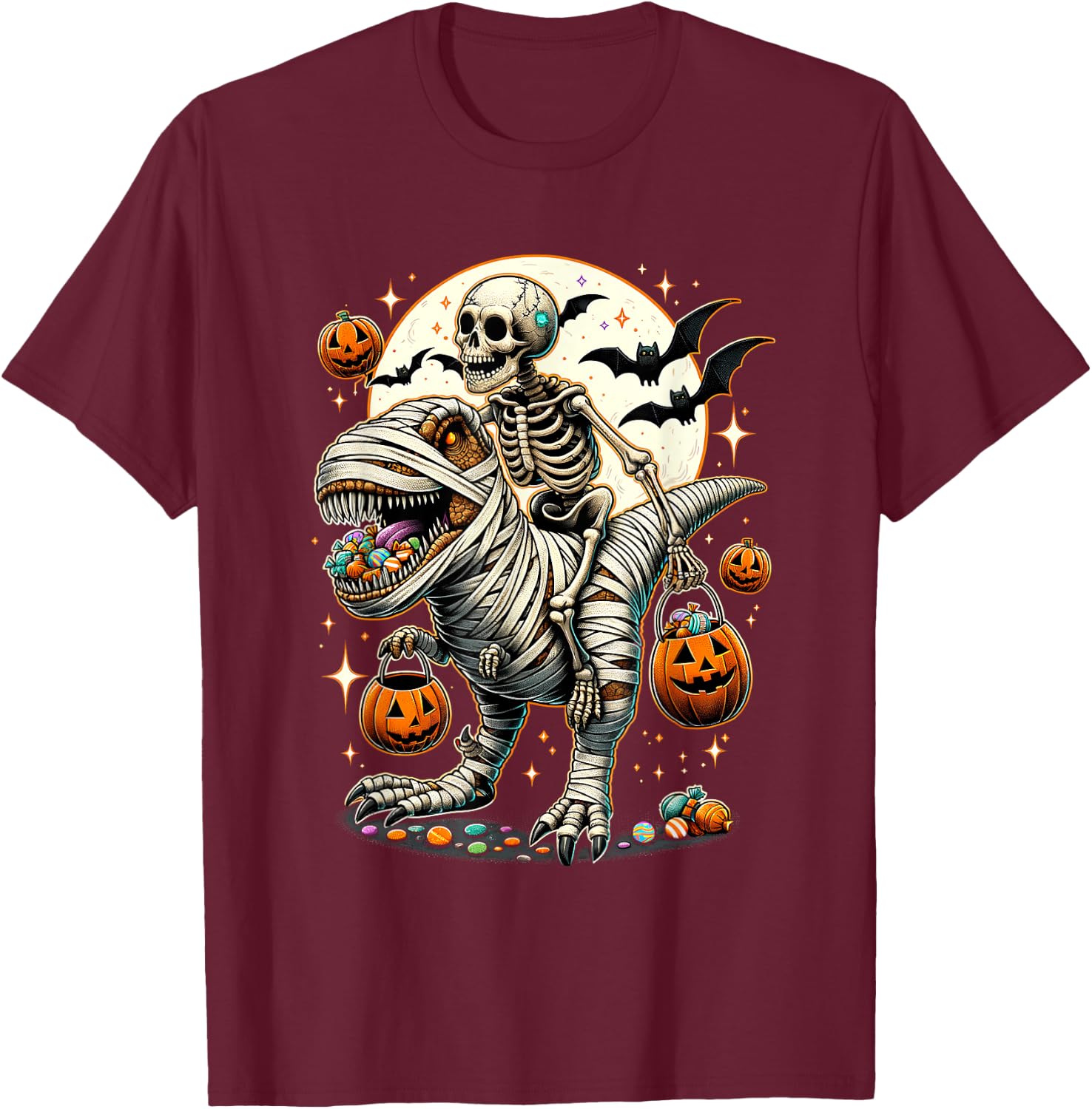Skeleton Riding Mummy Dinosaur T Rex Kids Boys Men Halloween T-Shirt - T-Shirt | Maroon