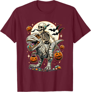 Skeleton Riding Mummy Dinosaur T Rex Kids Boys Men Halloween T-Shirt - T-Shirt | Maroon