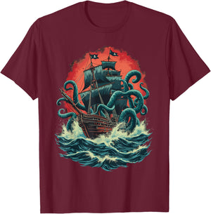 Pirate Ship Kraken Ocean Battle Giant Octopus Sea Monster T-Shirt - T-Shirt | Maroon
