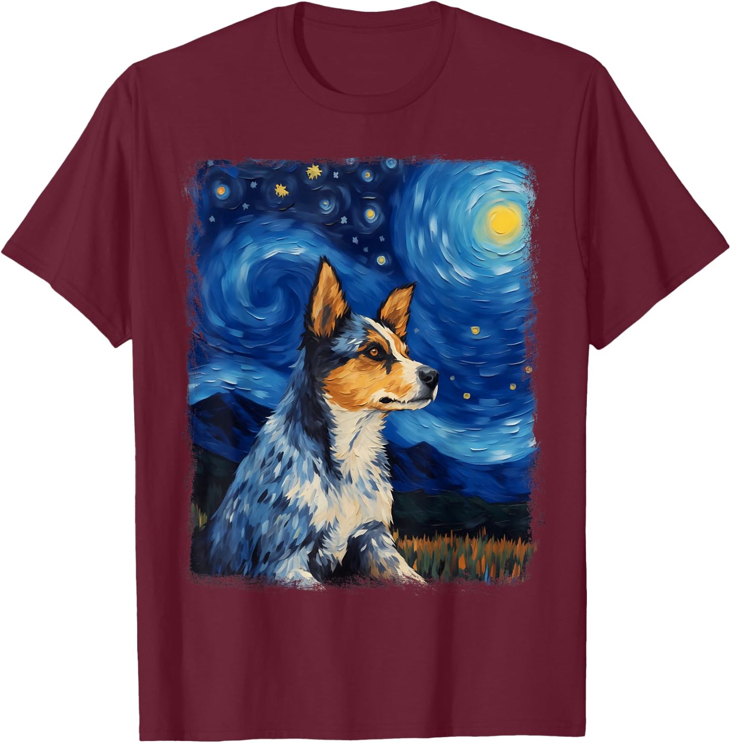 Australian Cattle Dog Dog Starry Night Painting T-Shirt - T-Shirt | Maroon