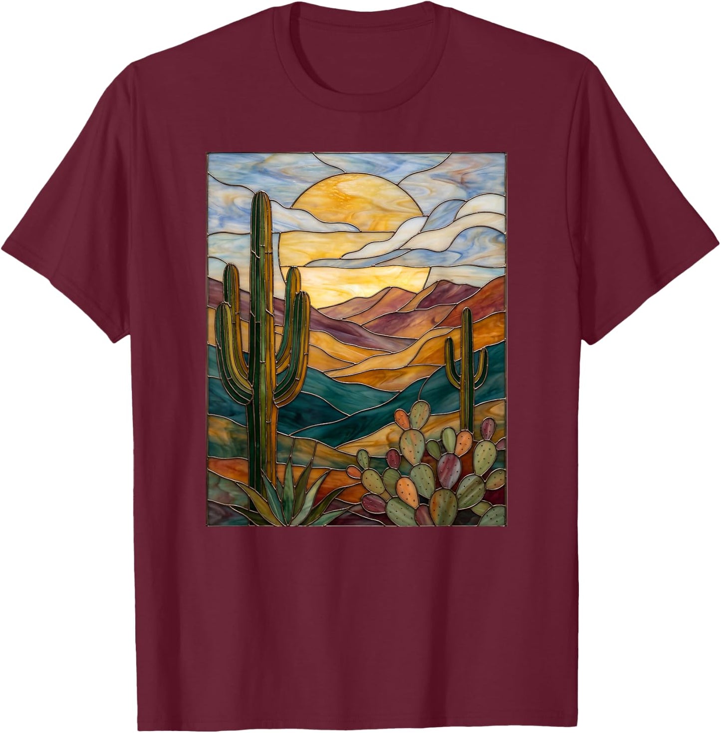 Stained Glass Cactus Artful Trendy T-Shirt - T-Shirt | Maroon
