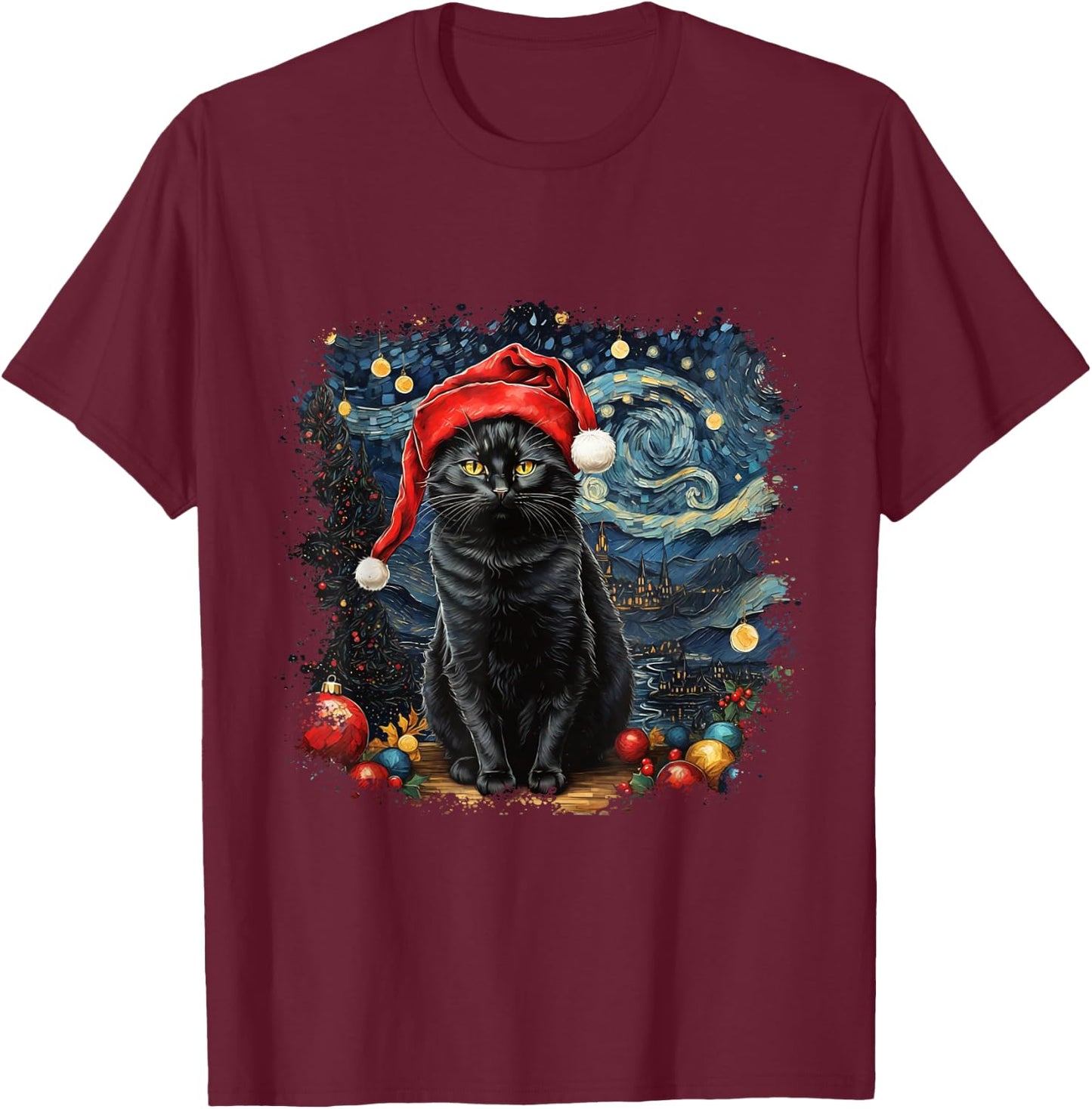 Cat , Starry Night Cat, Cat Shirt, Van Gogh Cat T-Shirt - T-Shirt | Maroon