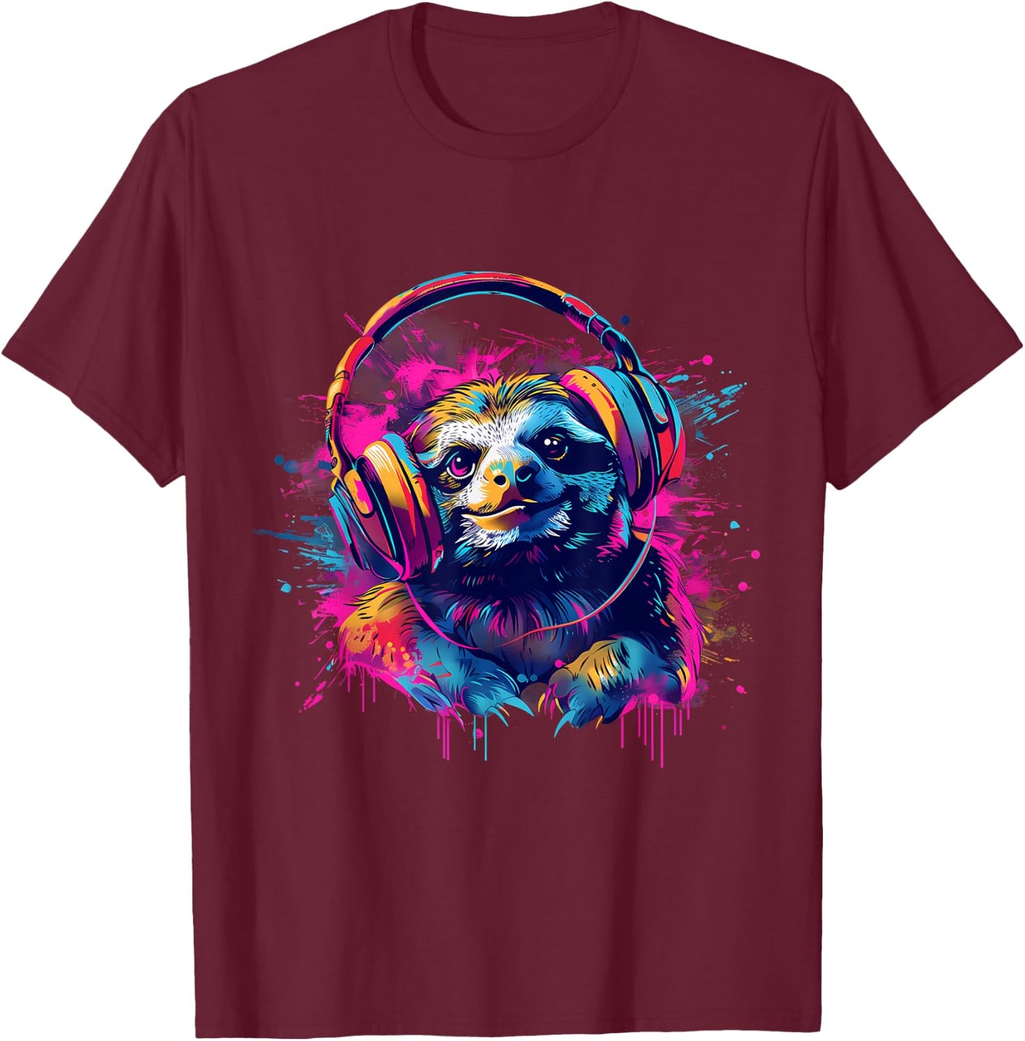 Sloth Music DJ Beatmaker Splash Music EDM Music Headphones T-Shirt - T-Shirt | Maroon