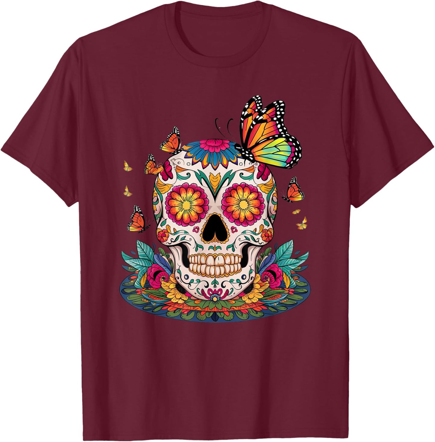 Sugar Skull Butterfly Day of Dead Halloween Dia De Muertos T-Shirt - T-Shirt | Maroon