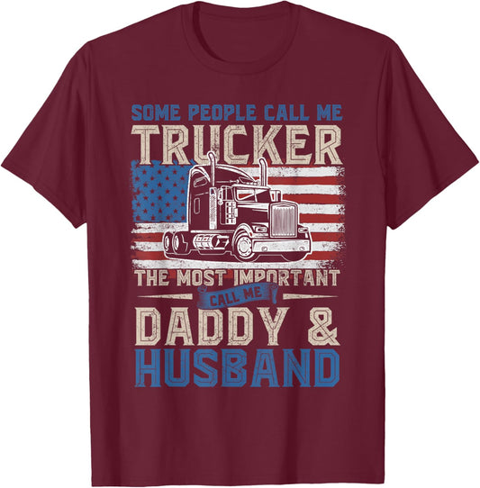 Semi Truck Driver, Trucker Daddy, Husband, US American Flag T-Shirt - T-Shirt | Maroon