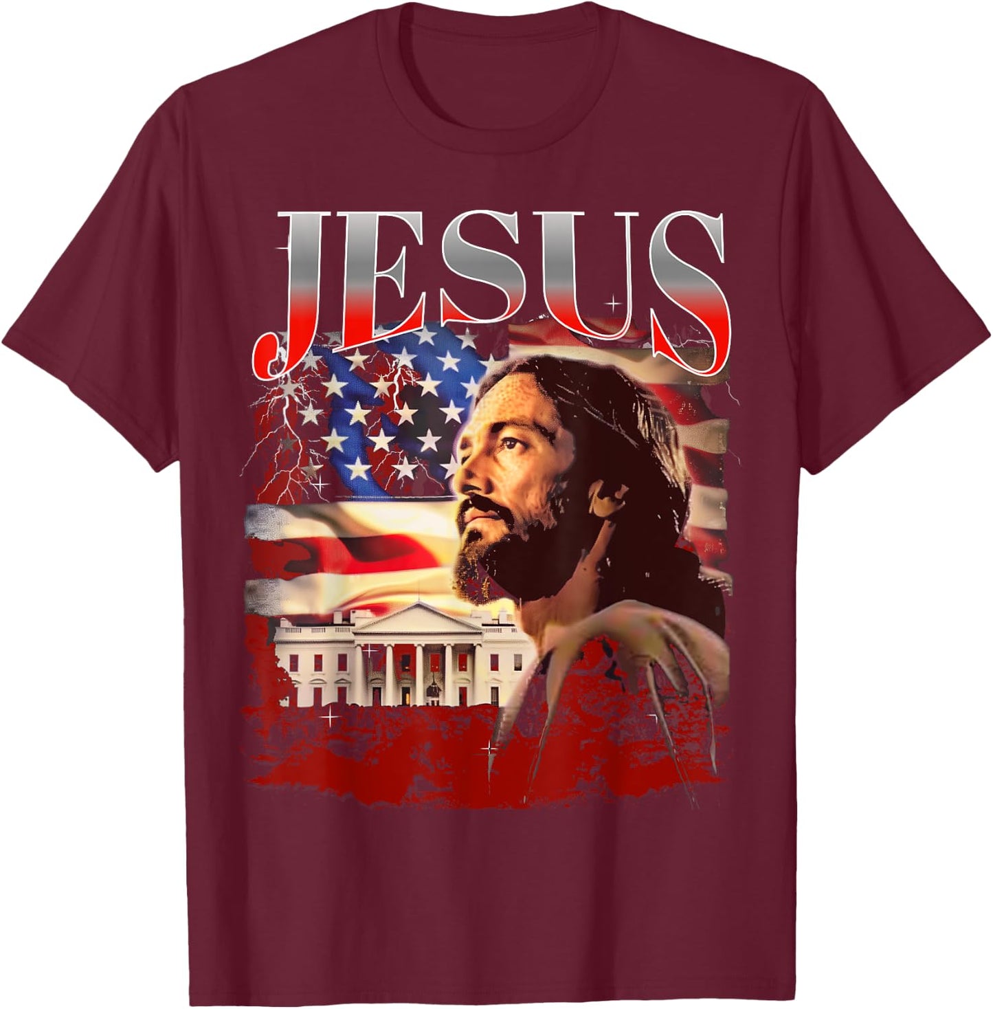 Jesus USA America Patriot Meme 90s Bootleg Rap Merch Style T-Shirt - T-Shirt | Maroon