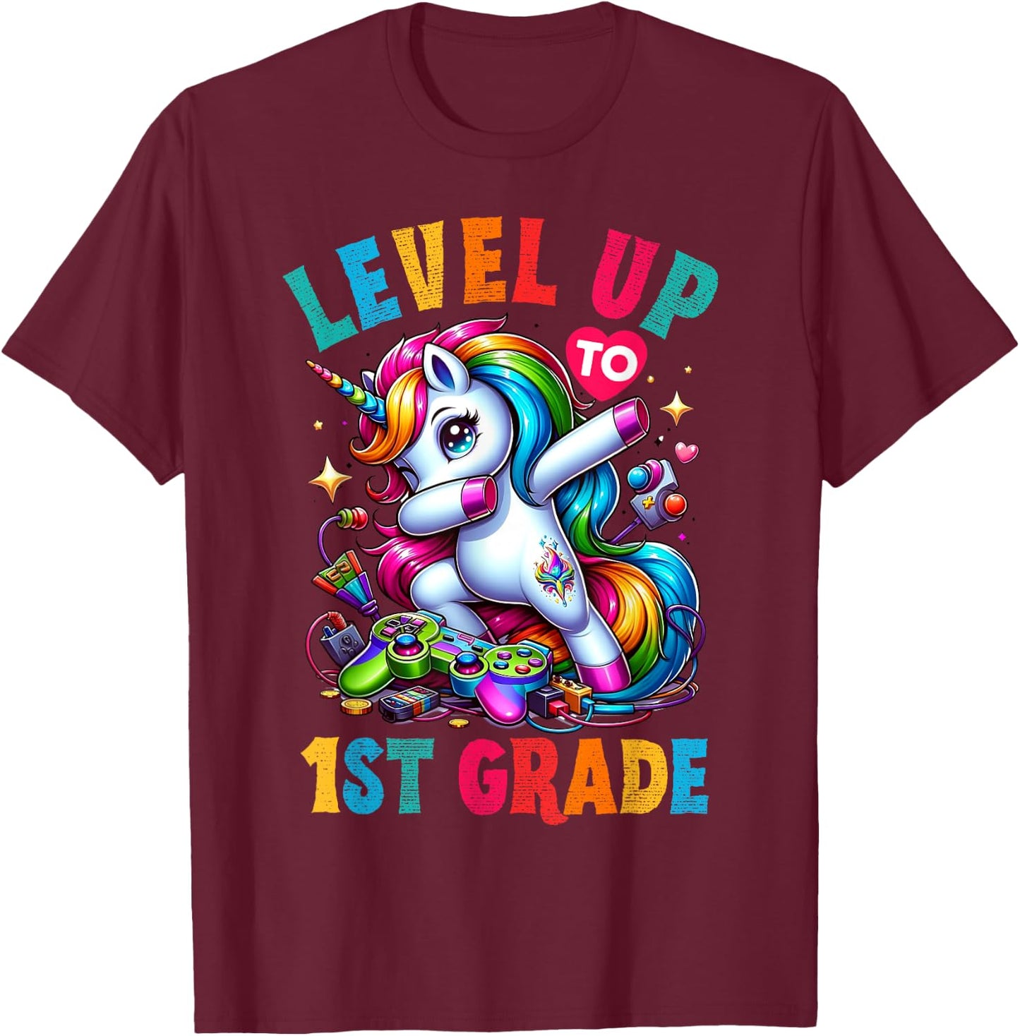 Unicorn video games back to School 1st grade Girls Level up T-Shirt - T-Shirt | Maroon