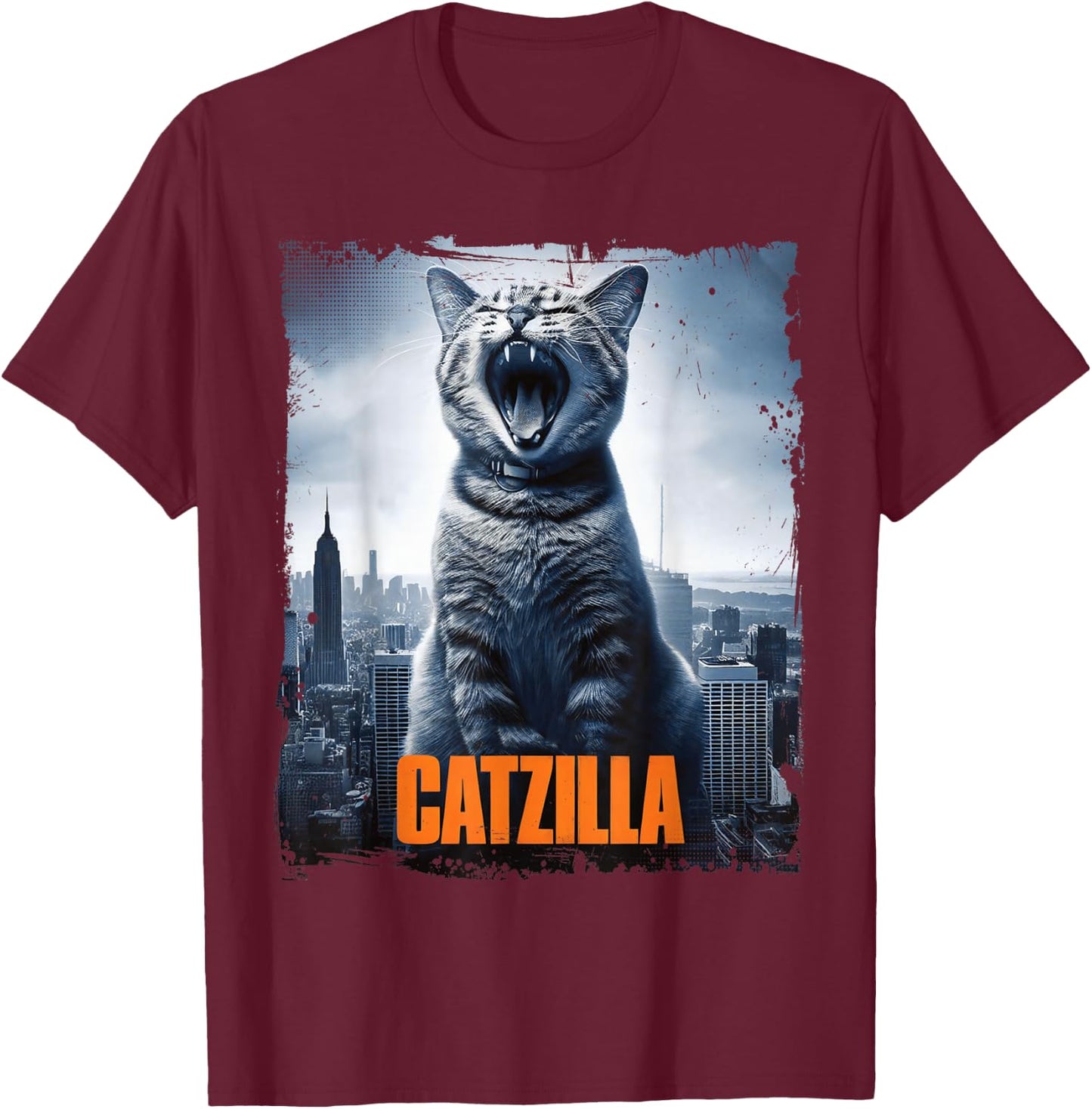 Catzilla Roaring Over City Skyline Cat Monster Kitten Kitty , Small, Black T-Shirt - T-Shirt | Maroon