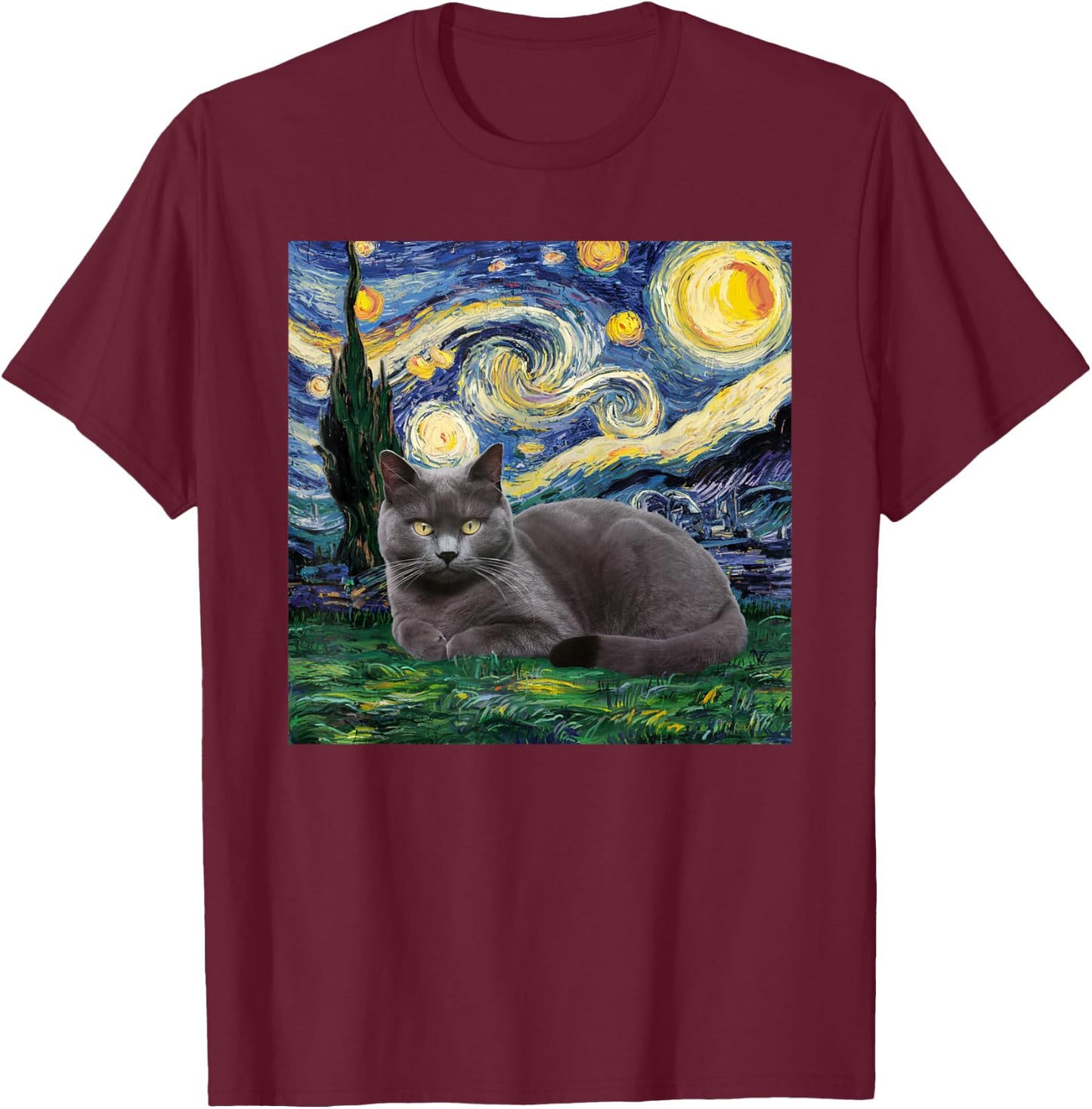 Gray Cat Van Gogh Starry Night Women Kids T-Shirt - T-Shirt | Maroon