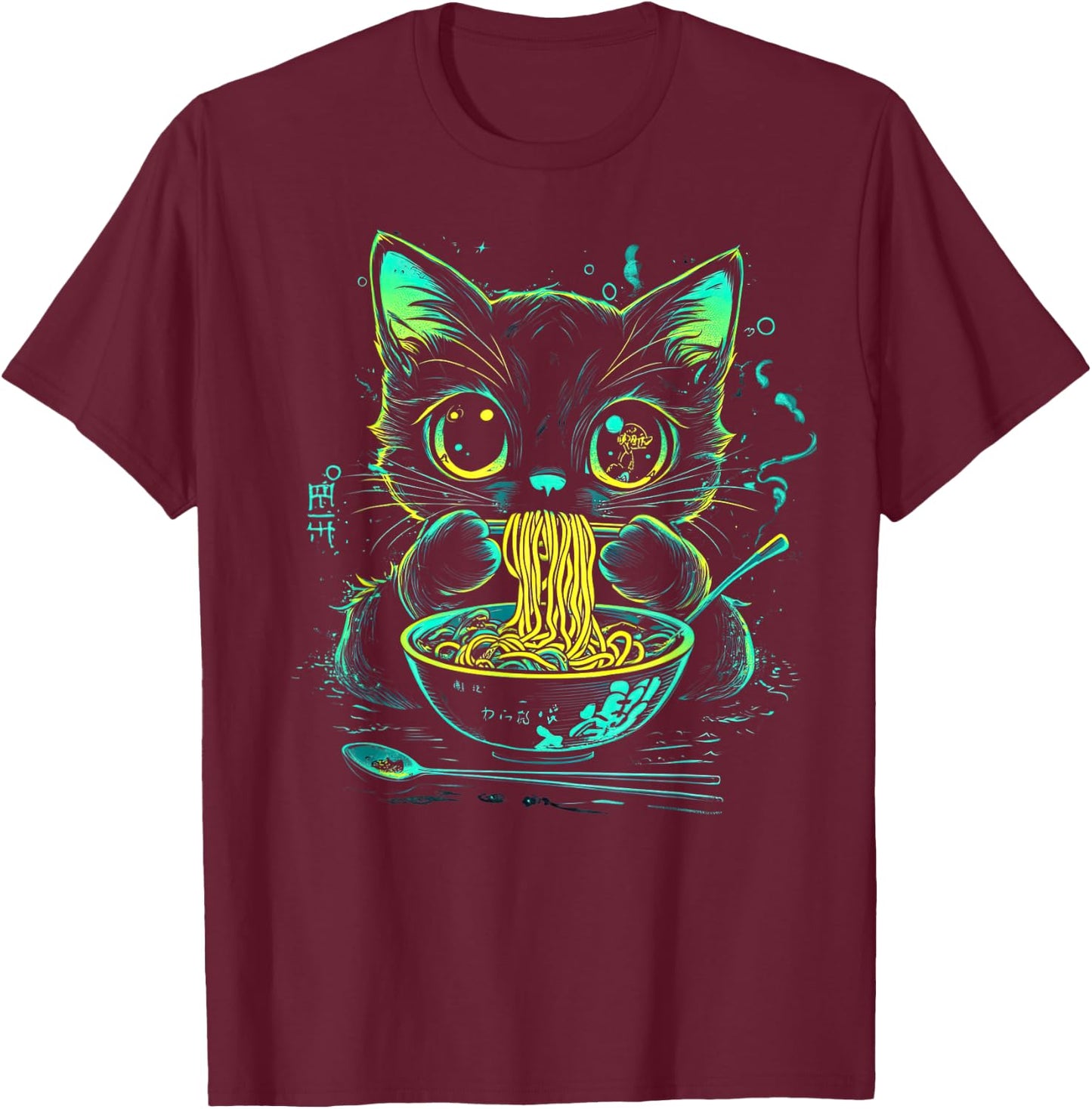 Anime Ramen Cat Japanese Retro Noodles Aesthetic Kawaii Cat T-Shirt - T-Shirt | Maroon