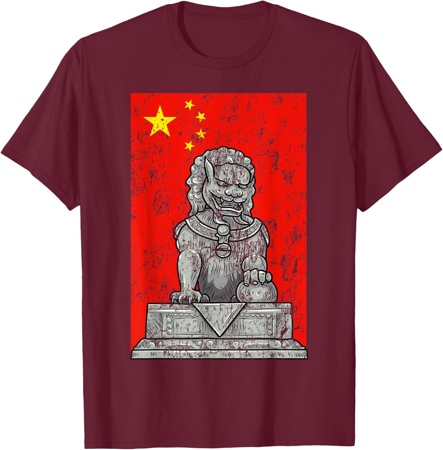 Chinese Flag China Lion Guard Beijing Distressed T-Shirt - T-Shirt | Maroon