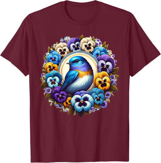 Cottagecore Aesthetic Floral Bluebird Bird Pansies T-Shirt - T-Shirt | Maroon