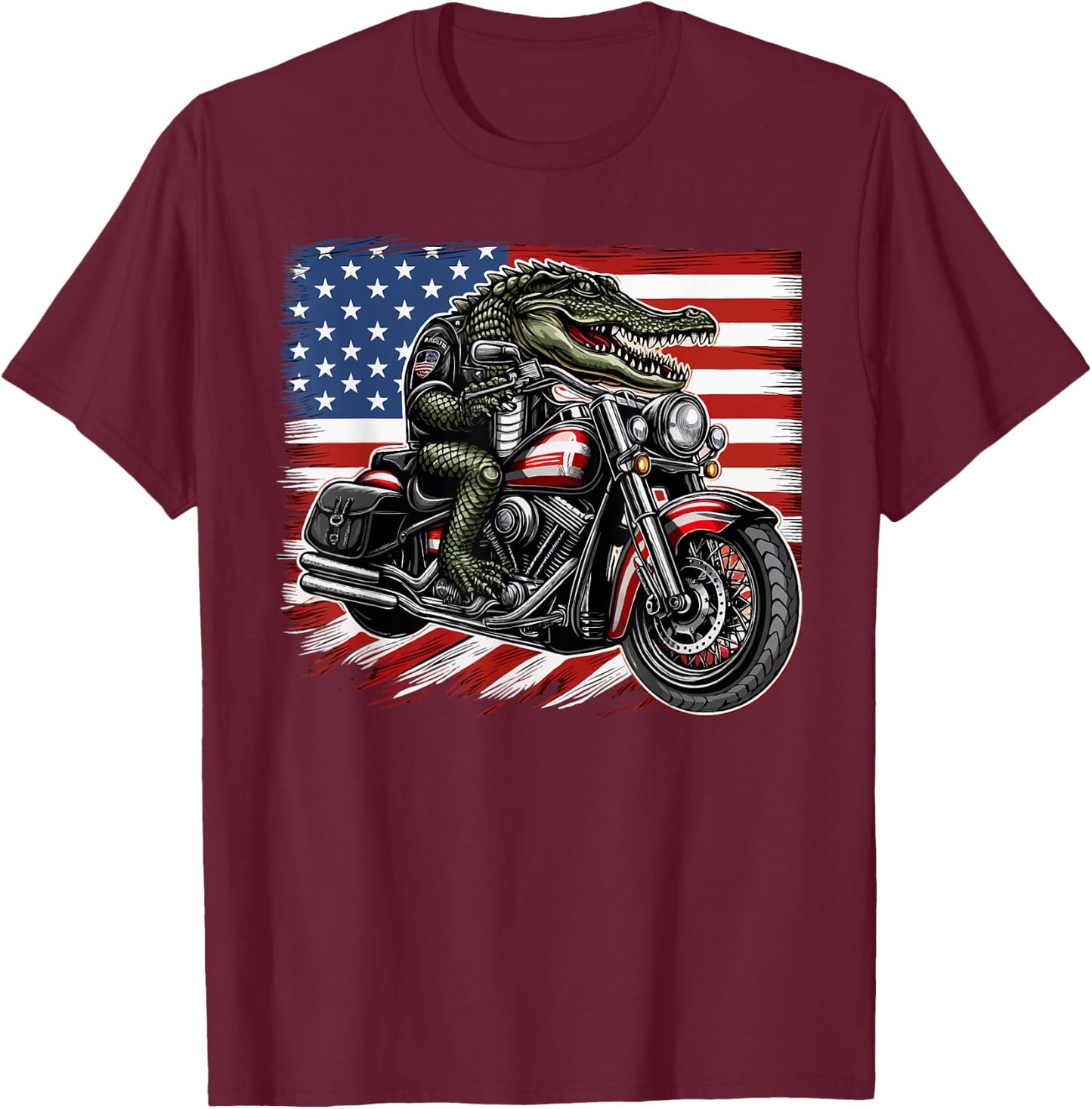 Patriotic American Alligator Riding Motorcycle 4th of July T-Shirt - T-Shirt | Maroon