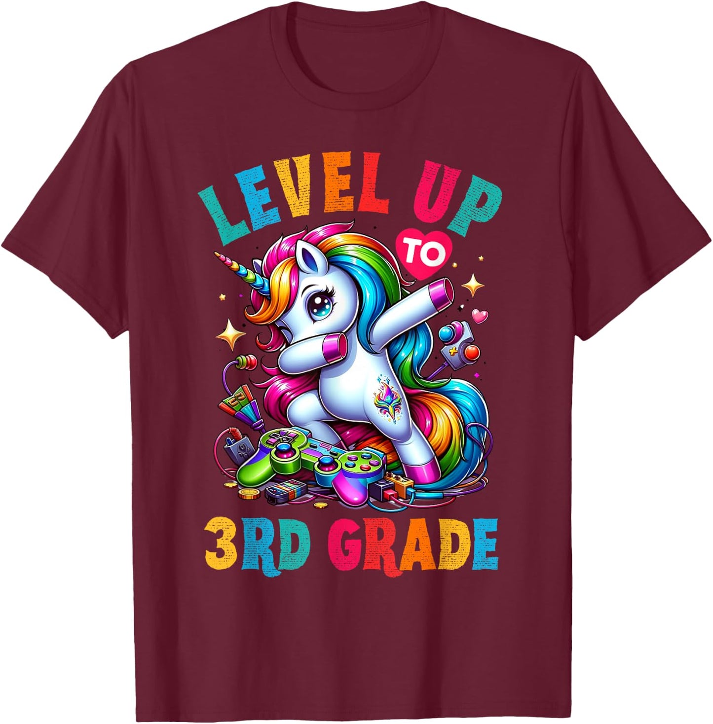 Unicorn video games back to School 3rd grade Girls Level up T-Shirt - T-Shirt | Maroon