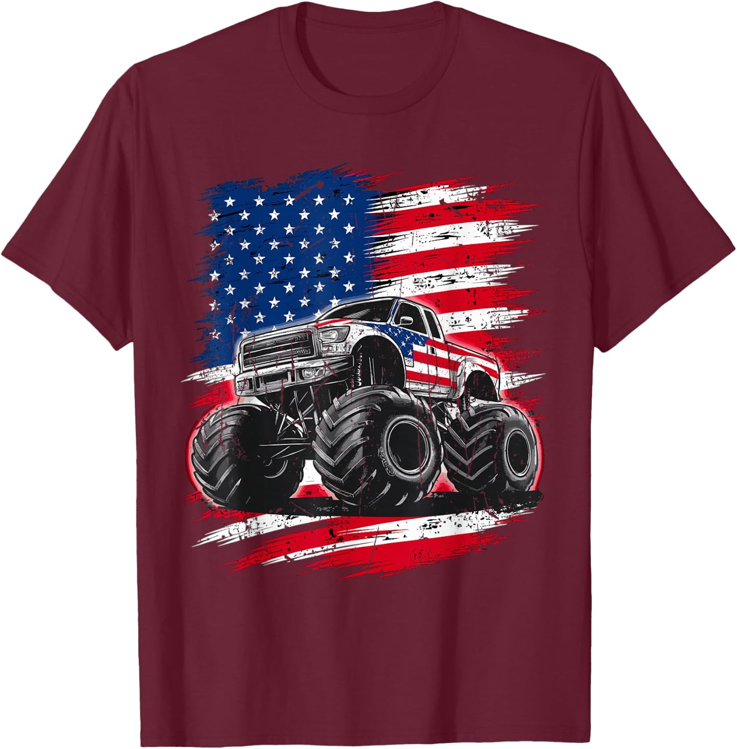 Monster Truck USA Flag American T-Shirt - T-Shirt | Maroon