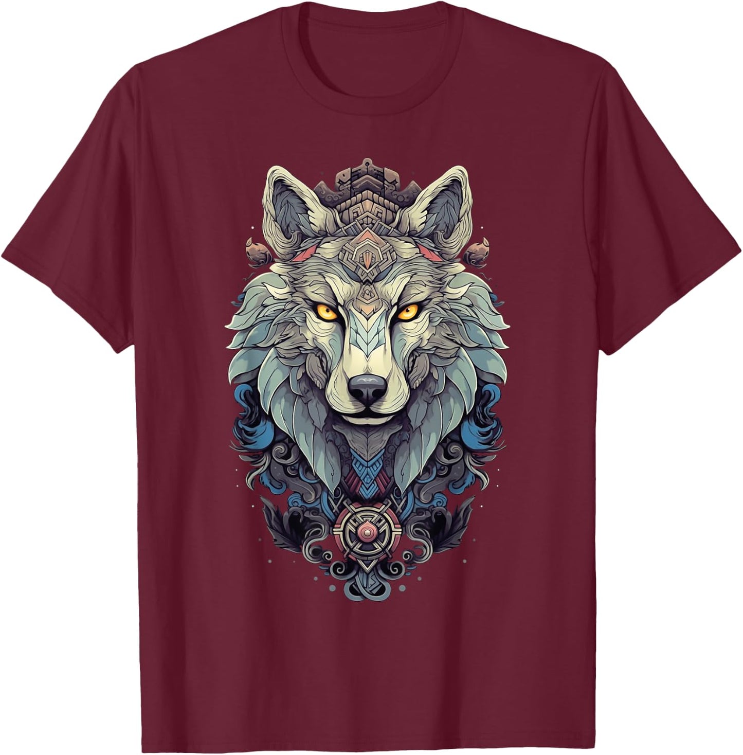 Native American Boho Wolf Splash Art Animal Face Wolf T-Shirt - T-Shirt | Maroon