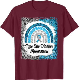 Type 1 Diabetes Awareness Bleached Rainbow leopard Ribbon T-Shirt - T-Shirt | Maroon
