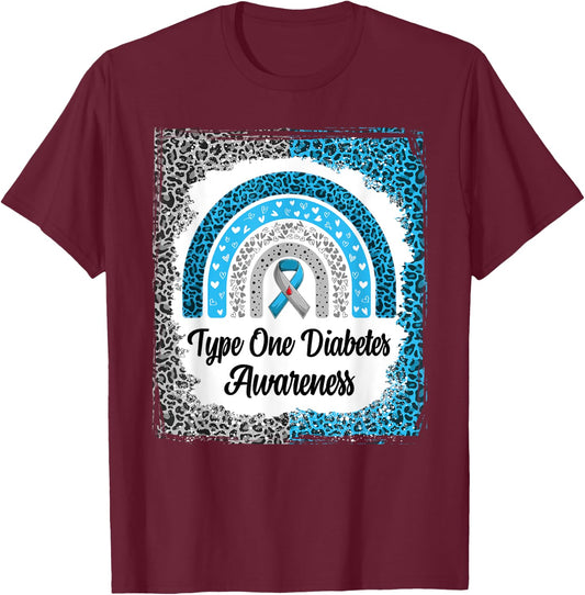 Type 1 Diabetes Awareness Bleached Rainbow leopard Ribbon T-Shirt - T-Shirt | Maroon