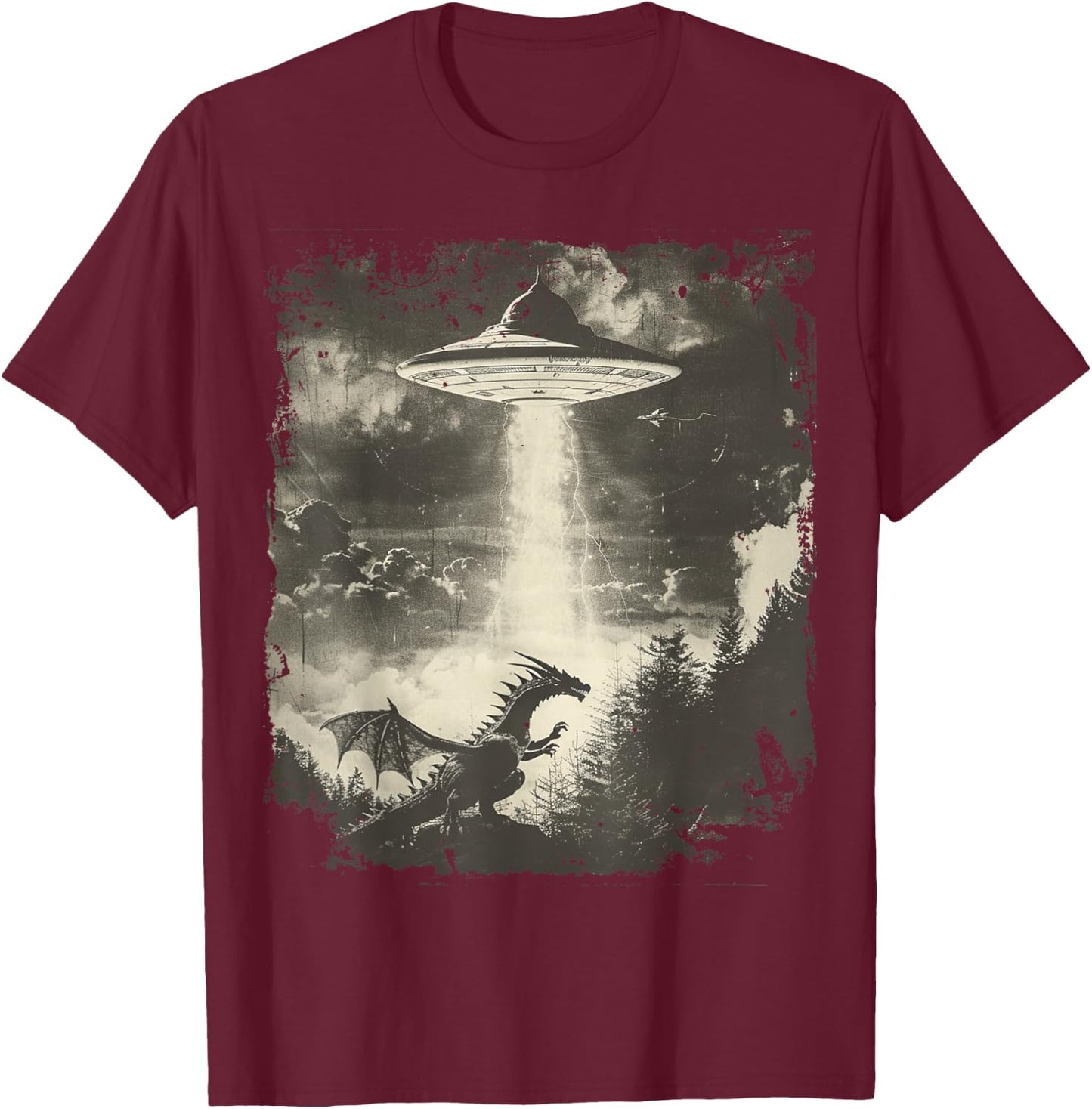 Fantasy Dragon Retro Art Sci-Fi Alien Ufo T-Shirt - T-Shirt | Maroon