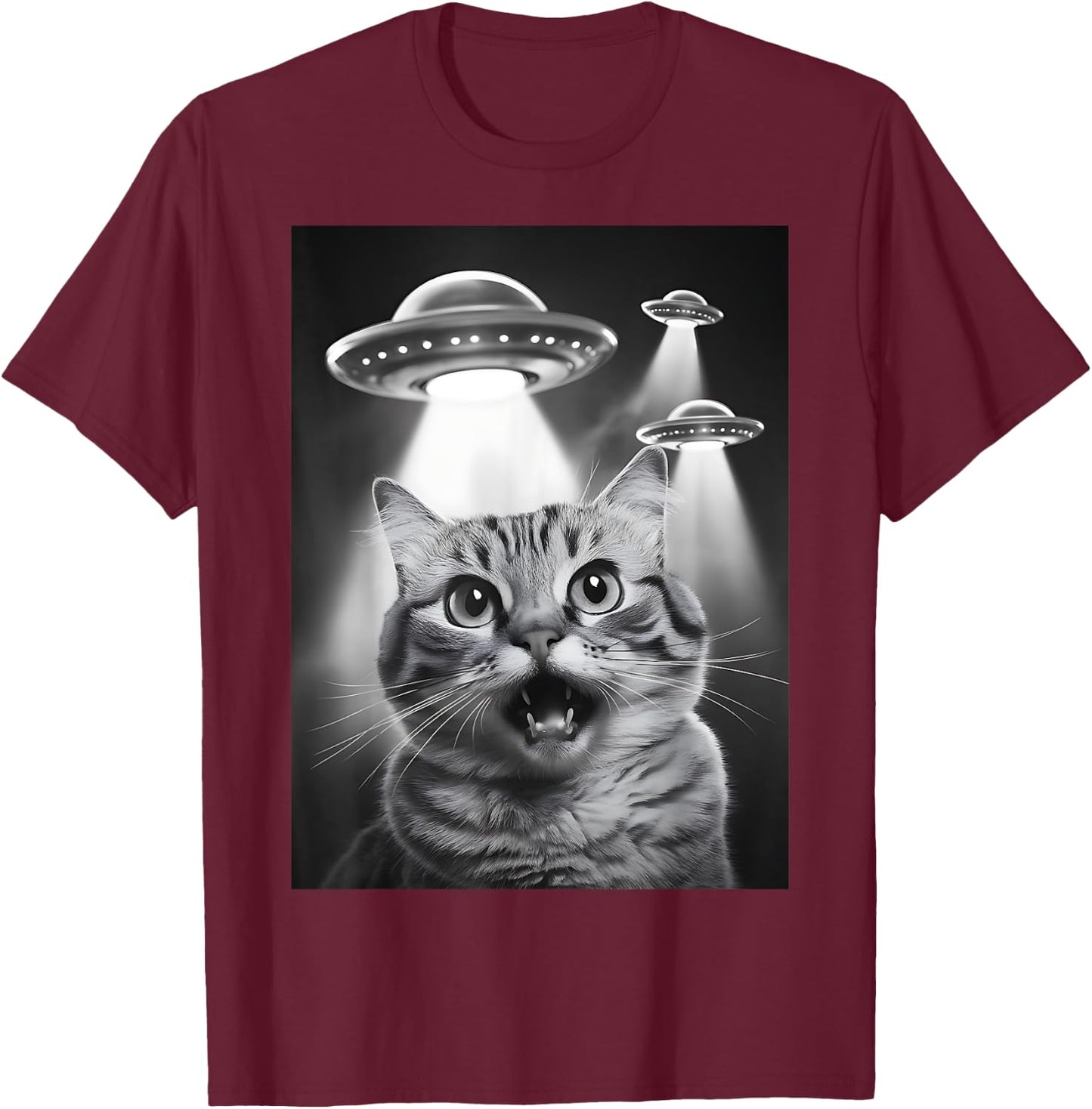 Alien UFO Funny Cat Selfie T-Shirt - T-Shirt | Maroon