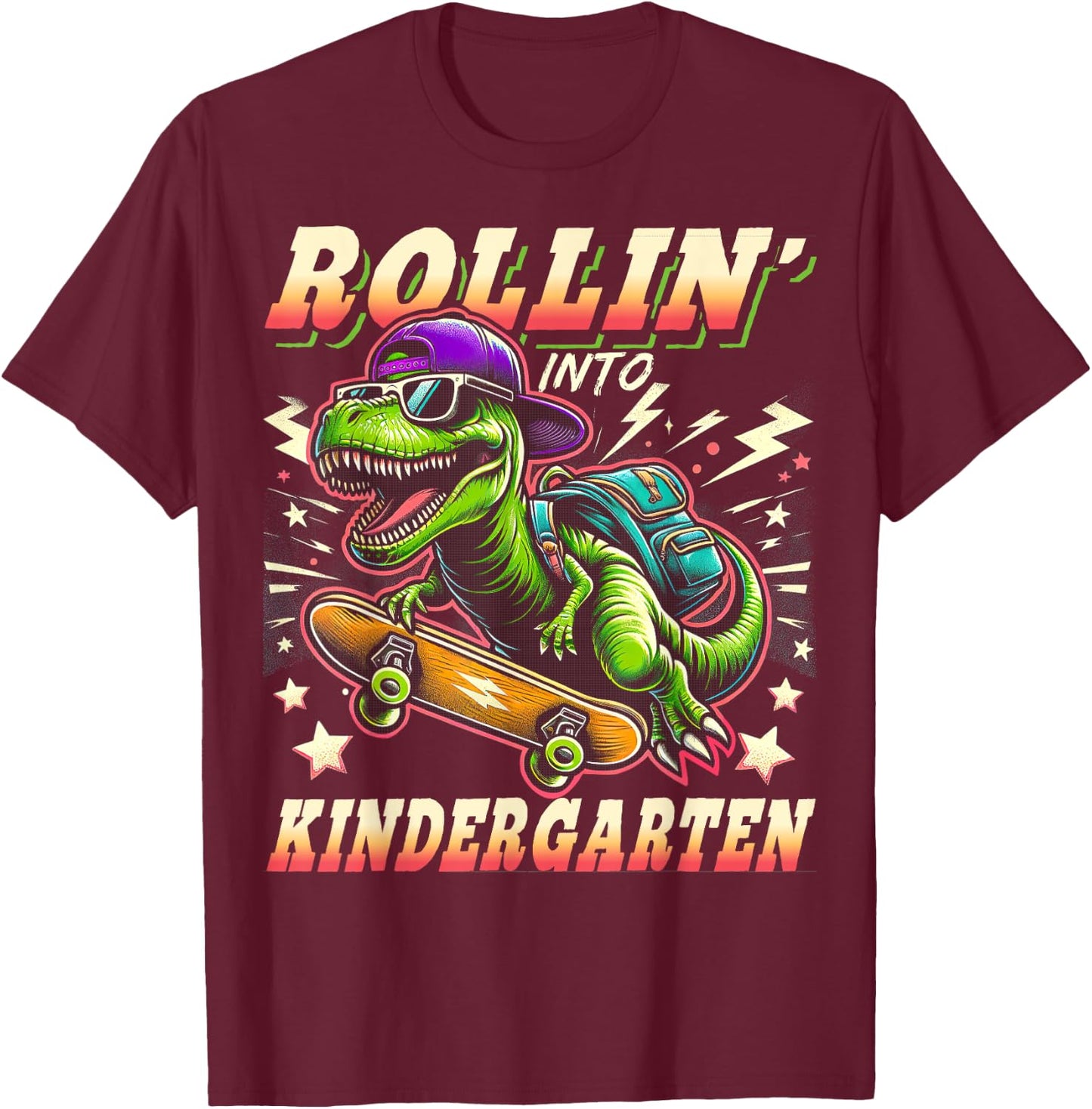 Back to School Kindergarten Dinosaur First Day of School Boy T-Shirt - T-Shirt | Maroon