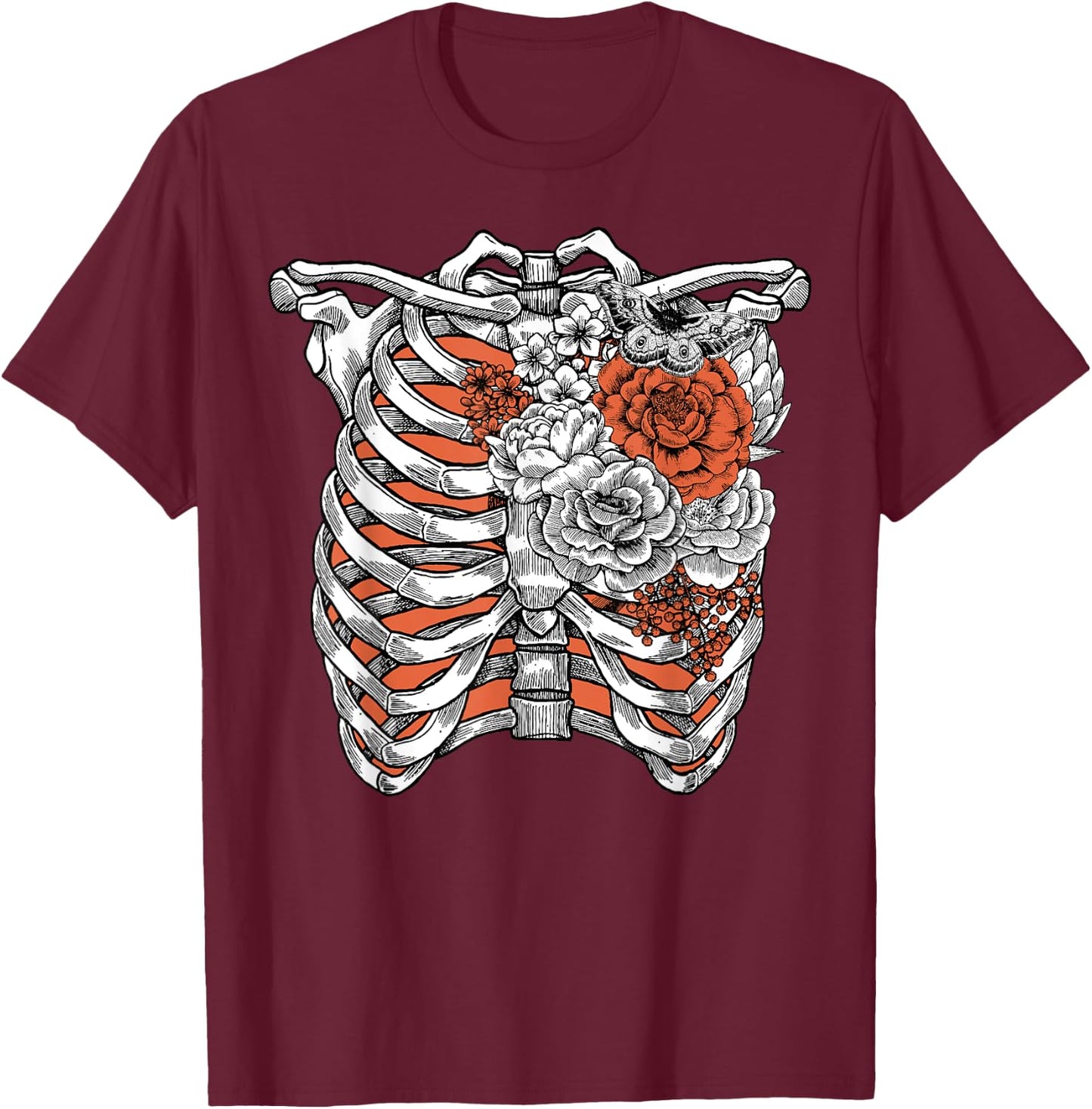 Skeleton Flowers Rib Cage Shirt X-Ray Funny Halloween T-Shirt - T-Shirt | Maroon