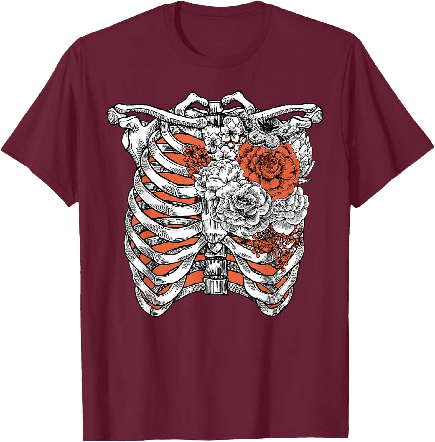 Skeleton Flowers Rib Cage Shirt X-Ray Funny Halloween T-Shirt - T-Shirt | Maroon