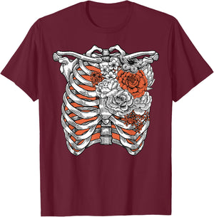 Skeleton Flowers Rib Cage Shirt X-Ray Funny Halloween T-Shirt - T-Shirt | Maroon
