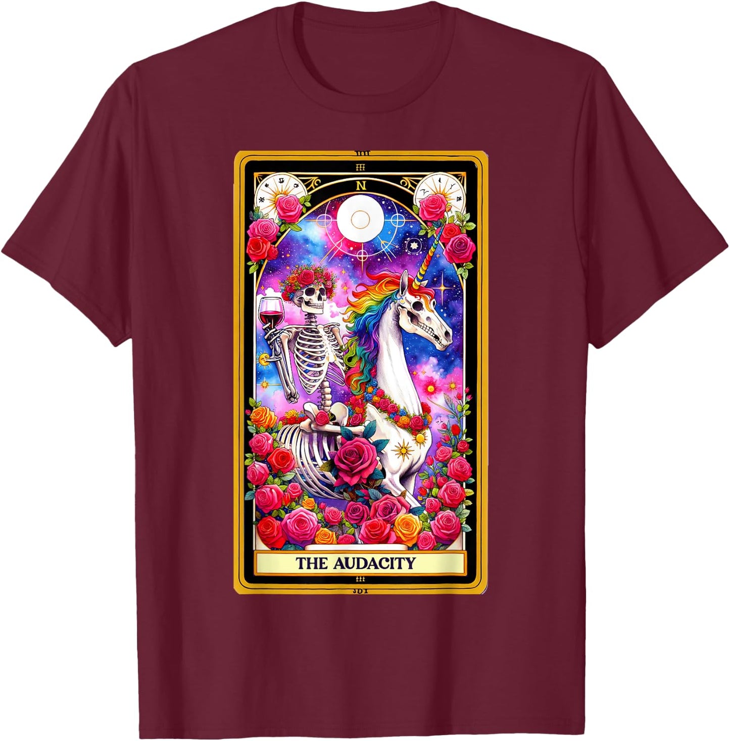 The Audacity Tarot Card Skeleton Skelly Unicorn Wine Women T-Shirt - T-Shirt | Maroon