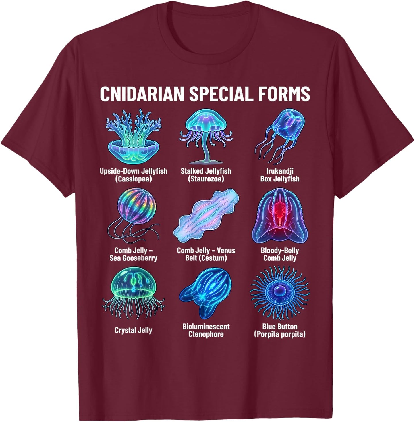 Cnidarian Special Forms Jellyfish & Comb Jelly Species Chart T-Shirt - T-Shirt | Maroon