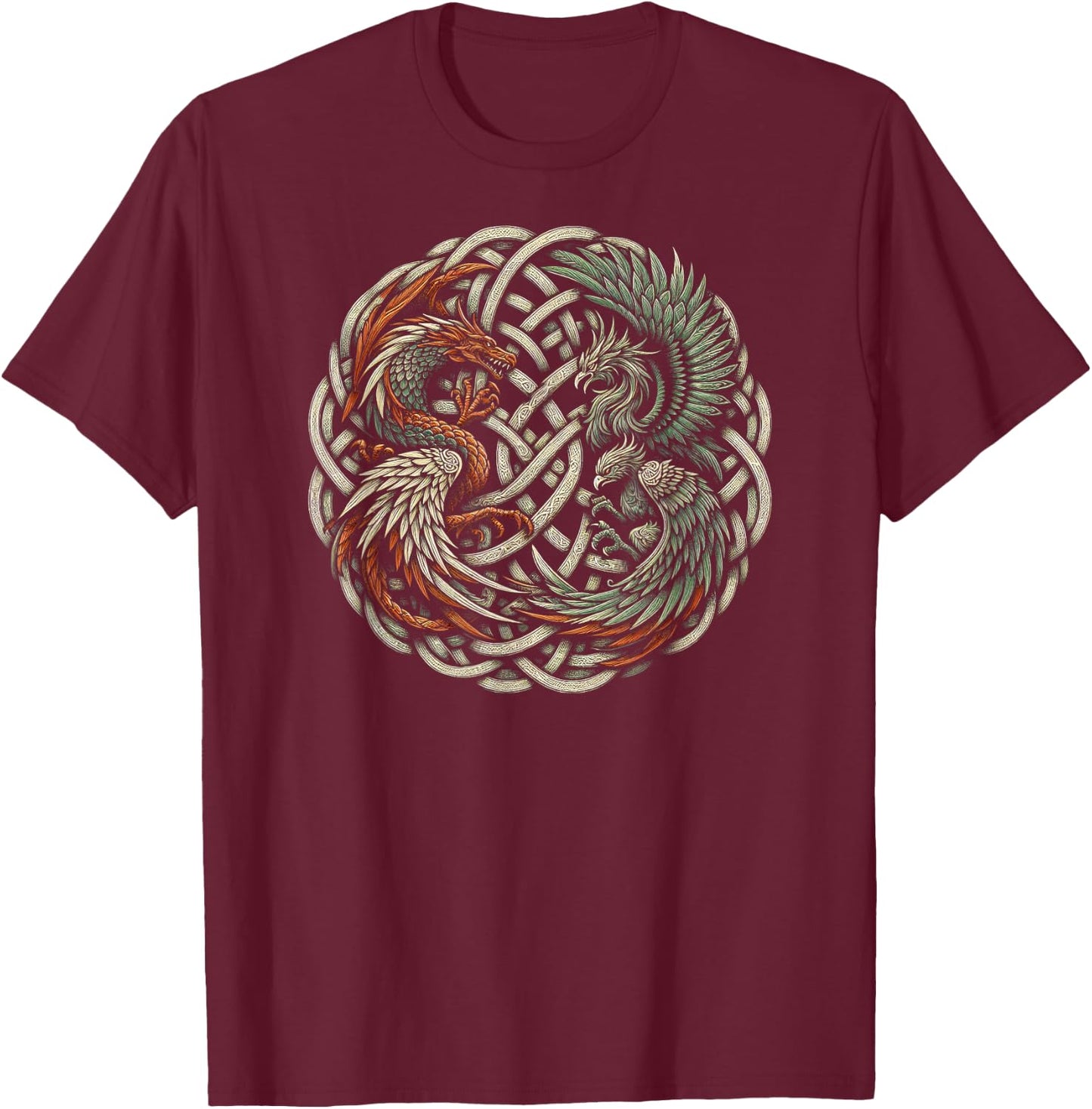 Intricate Celtic Knot with Dragon and Phoenix T-Shirt - T-Shirt | Maroon