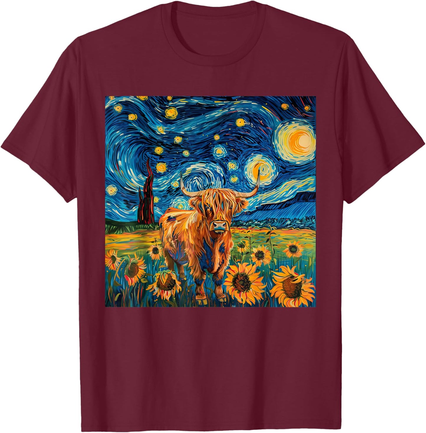 Aesthetic Scottish Highland Cow With Sunflowers Starry Night T-Shirt - T-Shirt | Maroon
