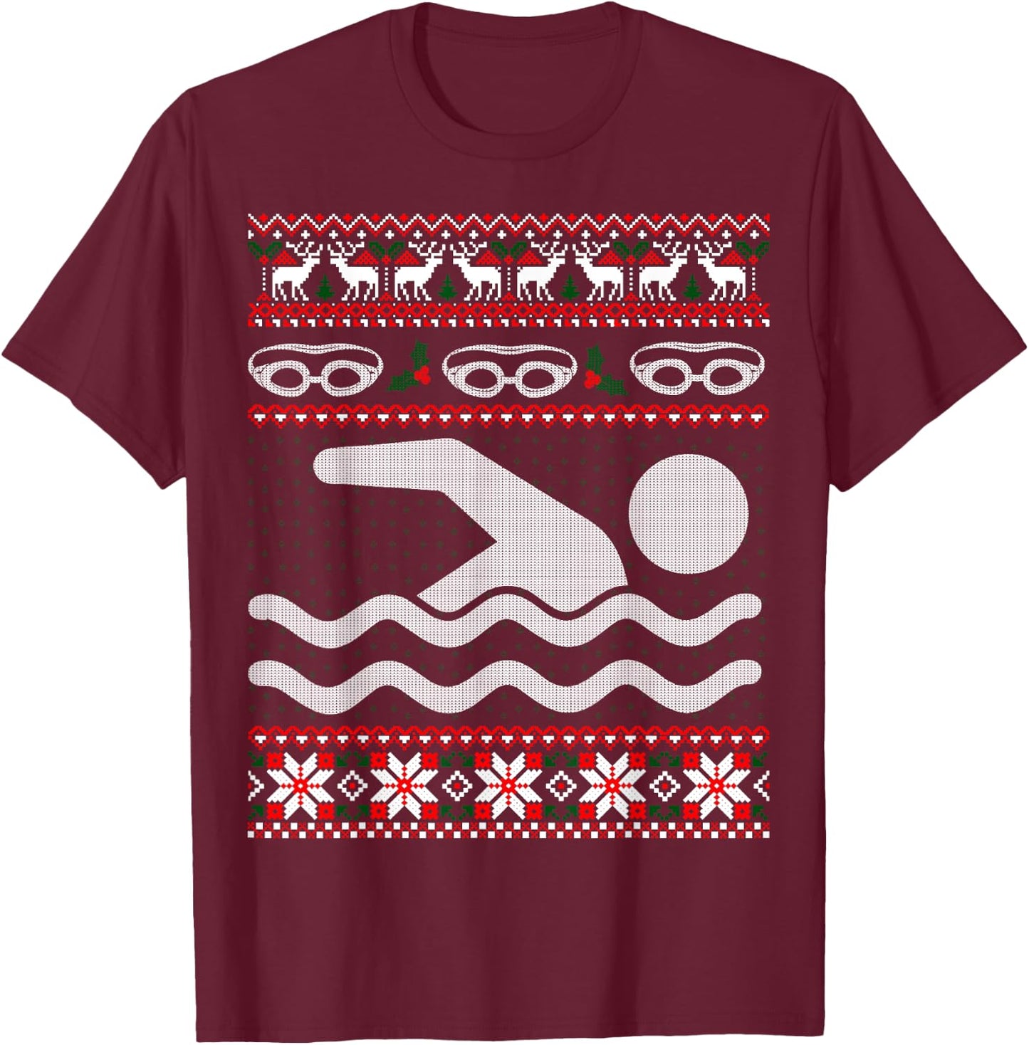Funny Swimming Ugly Christmas Sweater T-Shirt - T-Shirt | Maroon
